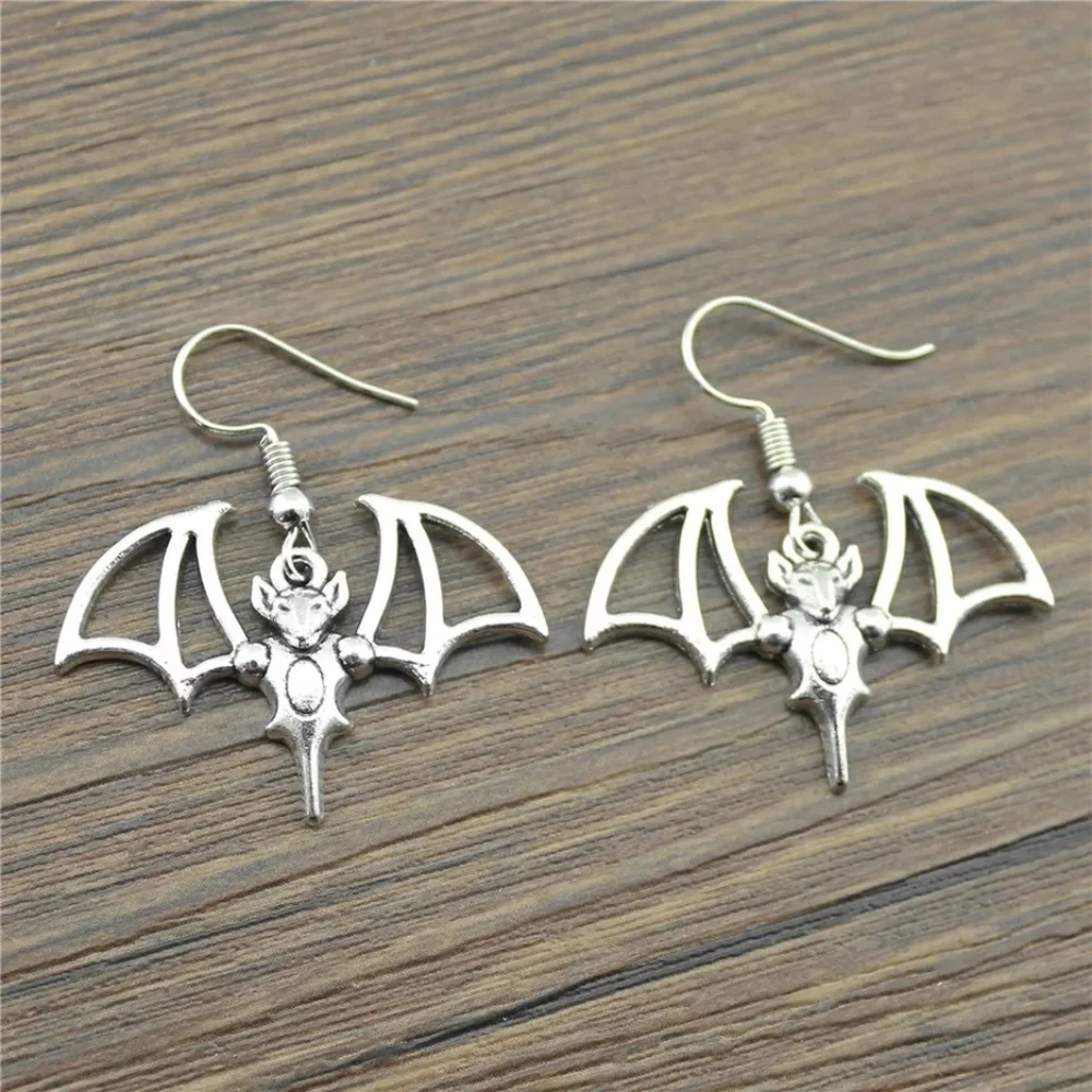 Silver Hanging Vampire Bat Dangle Earrings